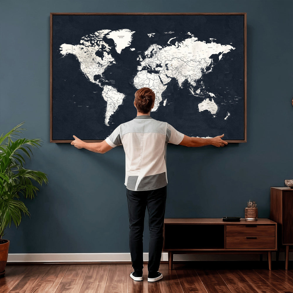 Black World Map Wall Art Canvas Print for Home Office and