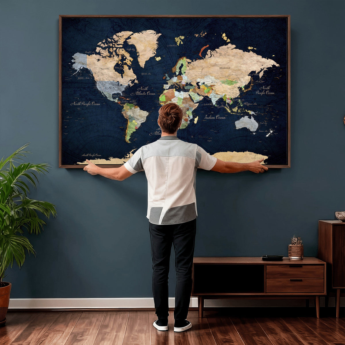 Minimalist World Map Canvas Wall Art - Watercolor Blue and