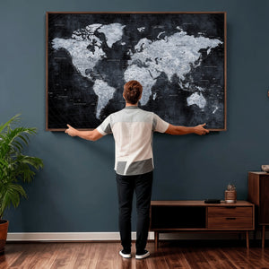 Black World Map Canvas Print – Detailed Map for Couples and