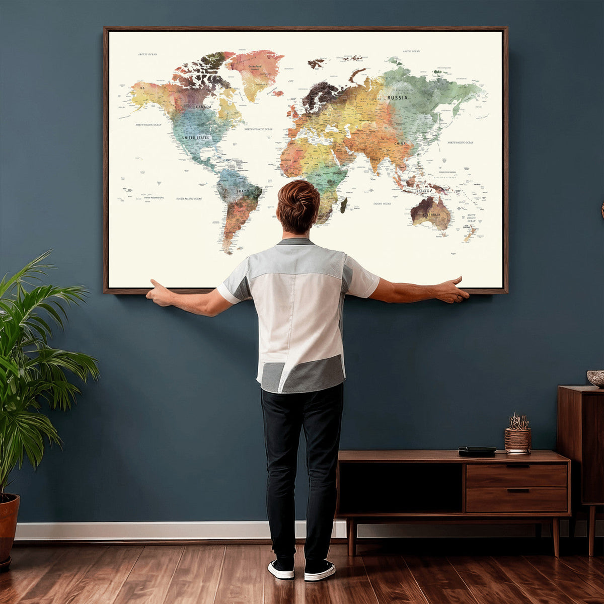 Framed World Map Wall Art Canvas Print for Living Room and