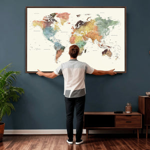 Framed World Map Wall Art Canvas Print for Living Room and