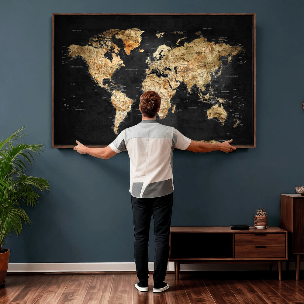 World Map Canvas Wall Art with Famous Landmarks – Framed