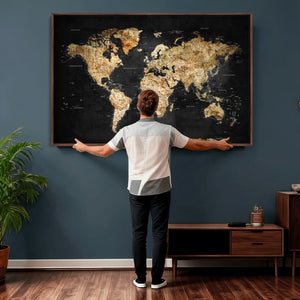 World Map Canvas Wall Art with Famous Landmarks – Framed