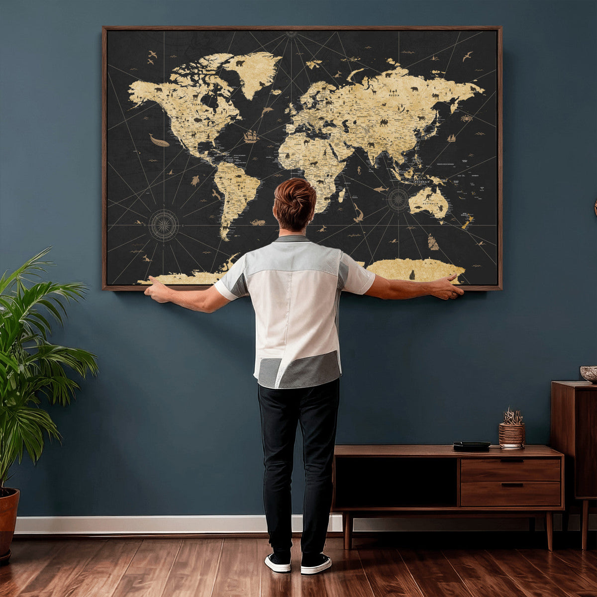 Vintage Blue and Brown World Map Canvas Wall Art – Framed