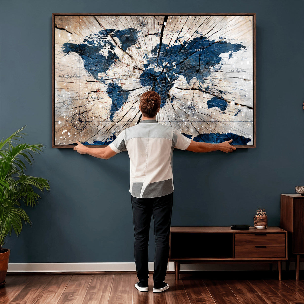 Rustic World Map Canvas Print – Framed Wall Art for Couples,