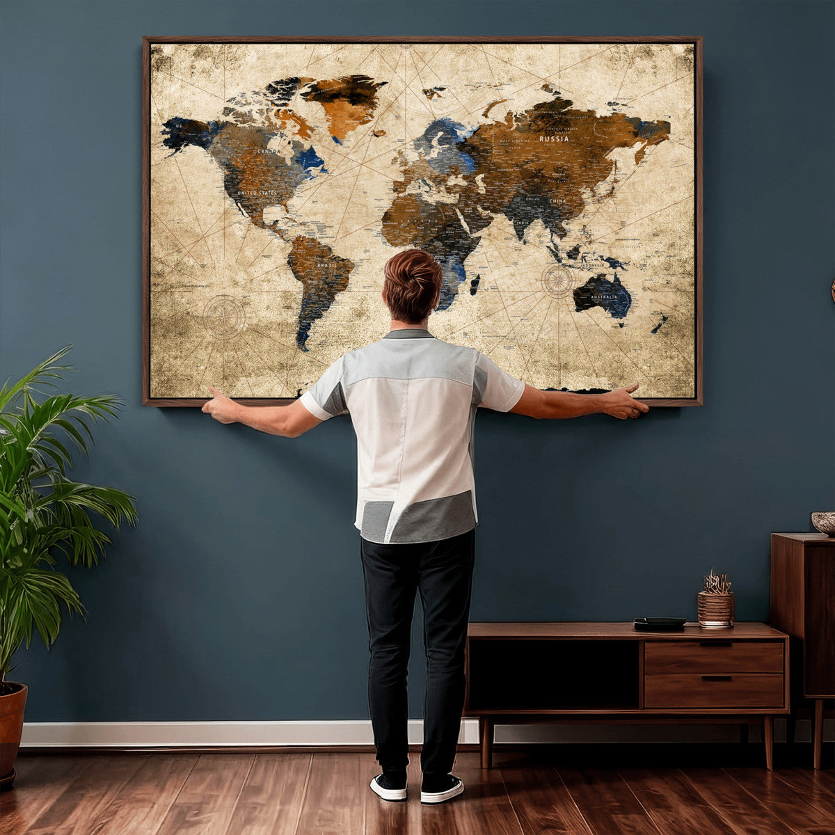 World Map Wall Art – Rustic Earth Tone Canvas Print, Antique