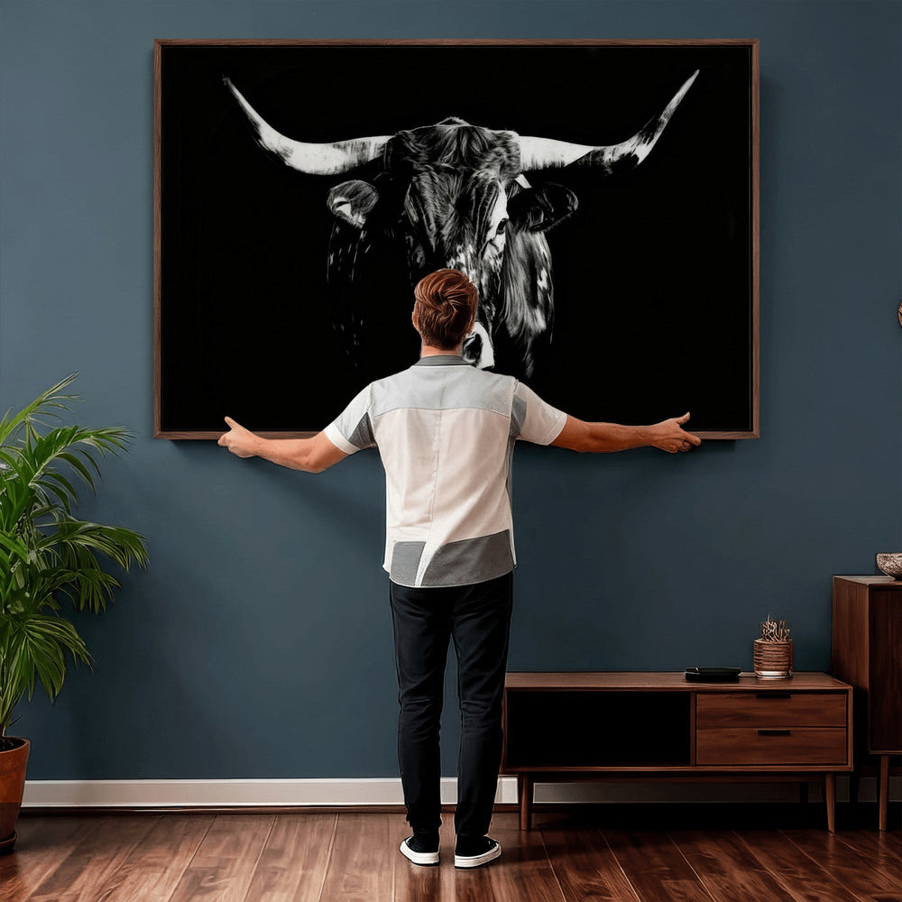Black Bull Wall Art Canvas Print, Dark Longhorn Portrait