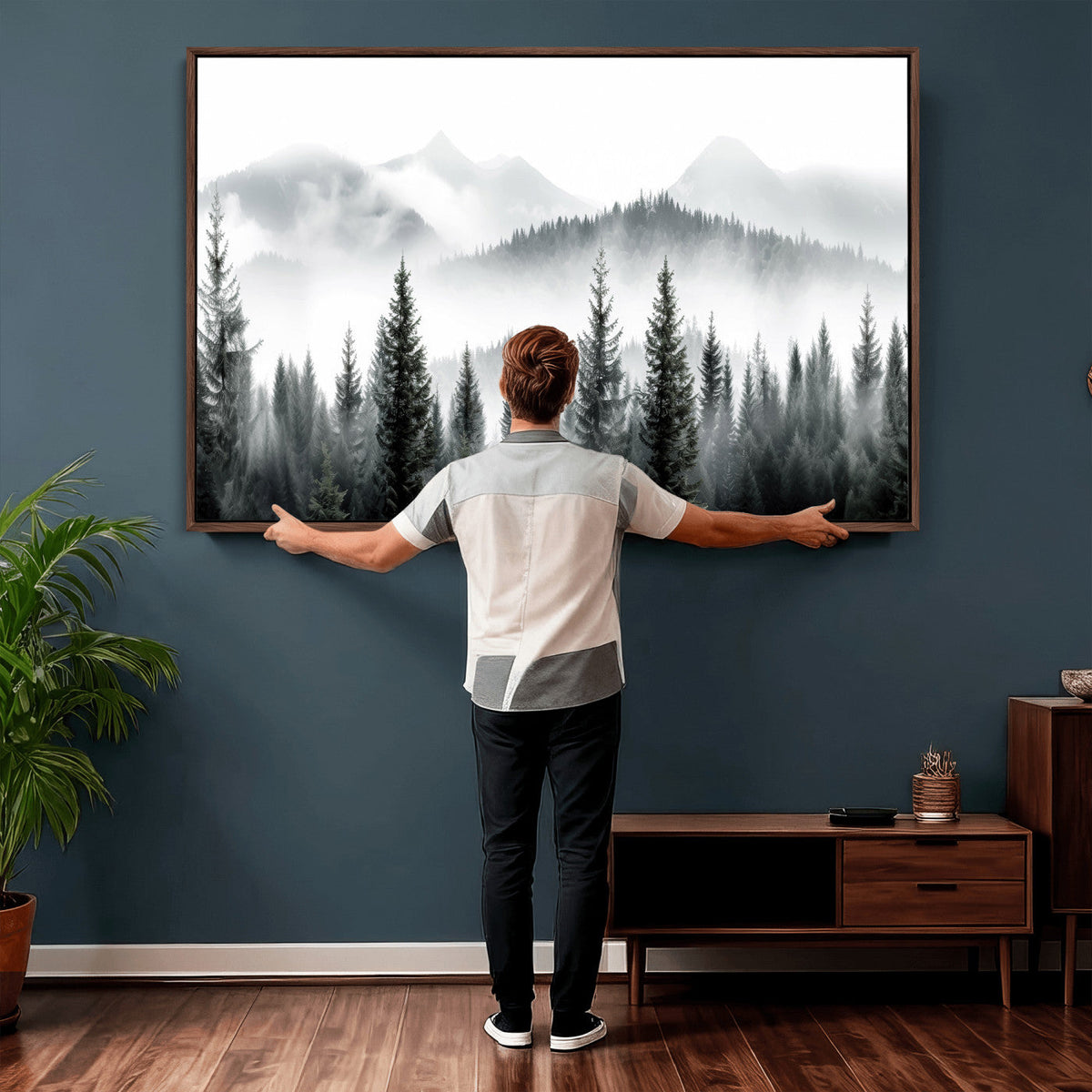 Misty Pine Forest Mountain Landscape Wall Art Canvas Print