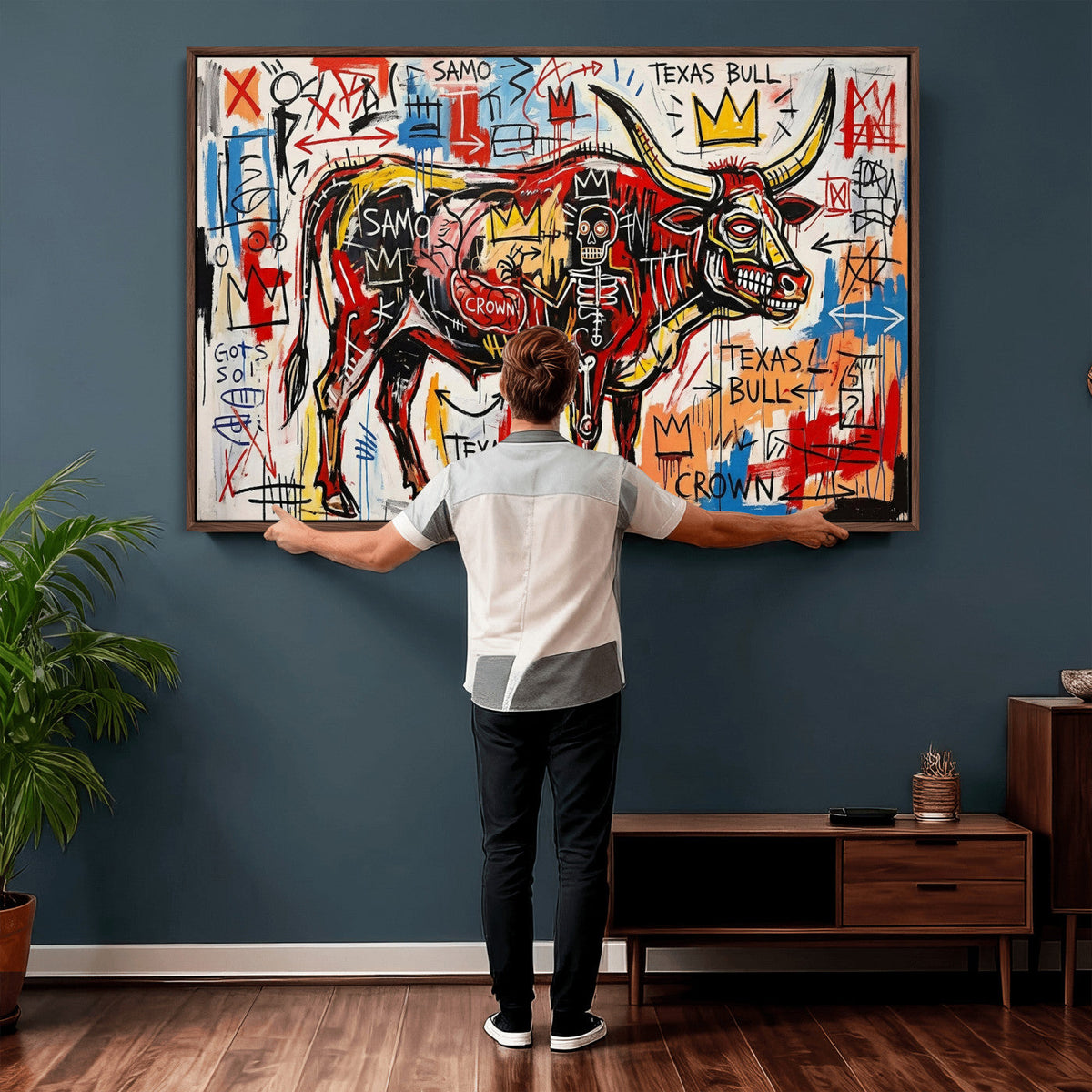 Texas Bull Wall Art Canvas Print, Abstract Graffiti Bull