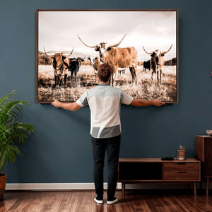 Texas Longhorn Cattle Wall Art Canvas Print, Sepia Western