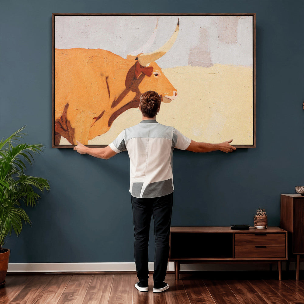 Minimal Longhorn Bull Wall Art Canvas Print, Neutral Western
