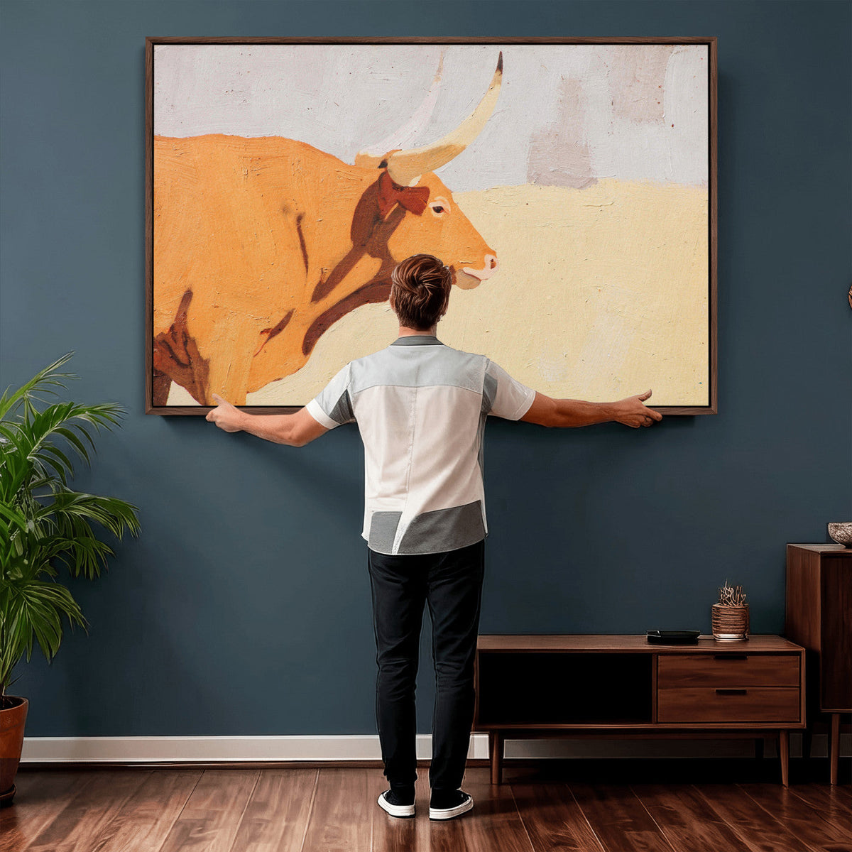Minimal Longhorn Bull Wall Art Canvas Print, Neutral Western