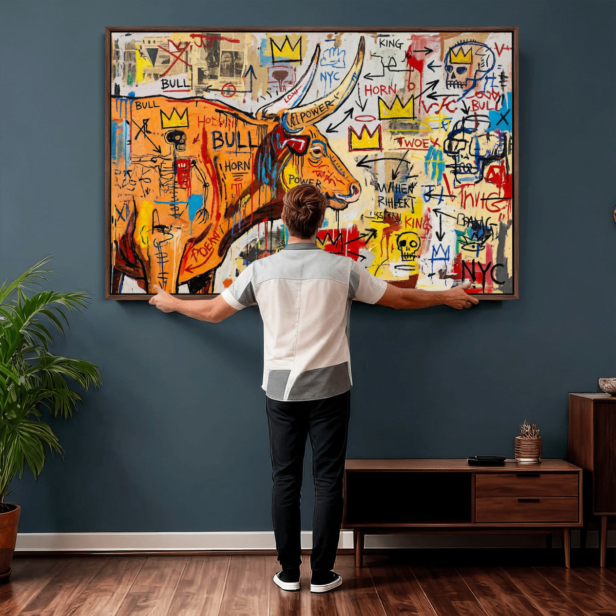 Basquiat Style Bull Graffiti Wall Art Canvas Print, Street