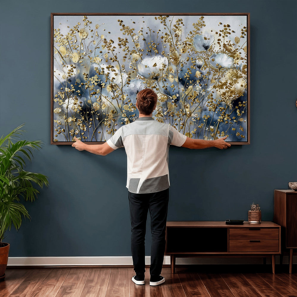 Abstract Floral Wall Art Canvas Print – Gold and Blue