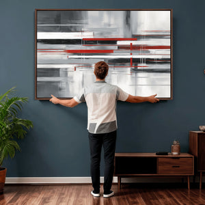 Gray Red Abstract Wall Art Canvas Print, Modern Abstract