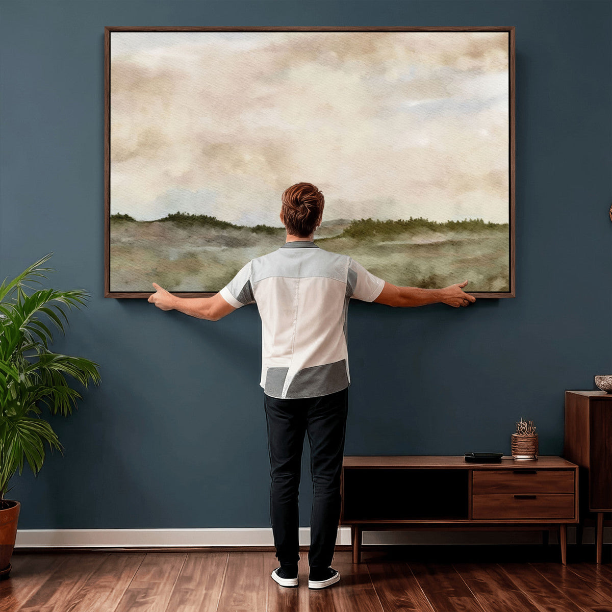 Muted Watercolor Hill Landscape Print — Beige Taupe Cloudy