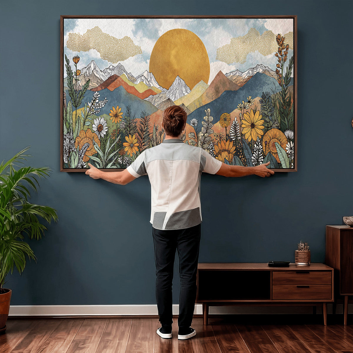 Boho Mountain Landscape Large Wall Art, Horizontal Gold