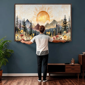 Boho Mountain Landscape Large Wall Art, Horizontal Gold