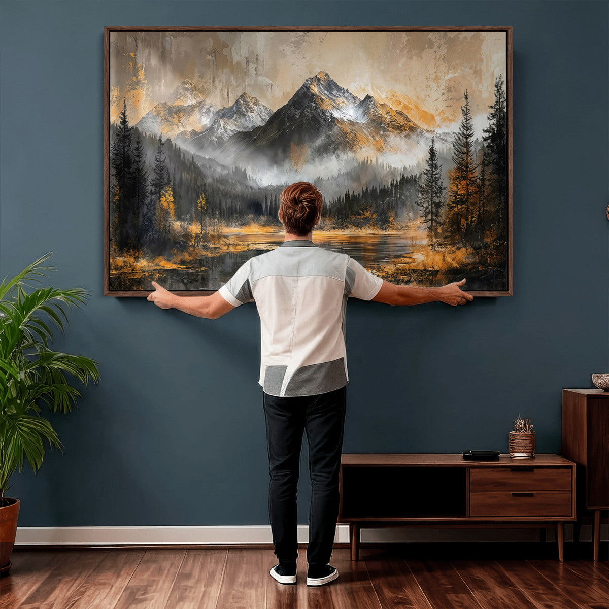 Mountain Lake Canvas Wall Art — Rustic Forest Landscape