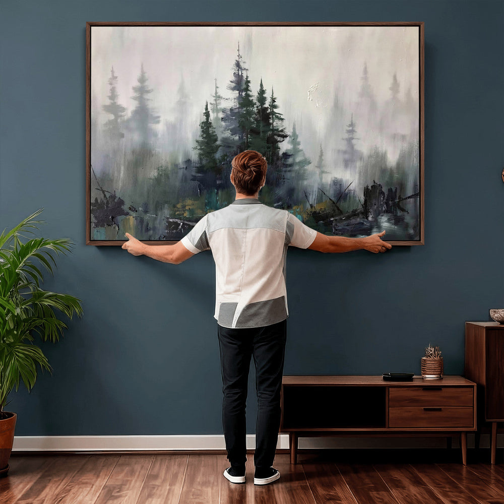 Misty Pine Forest Oil Painting Canvas — Dark Moody Teal Grey