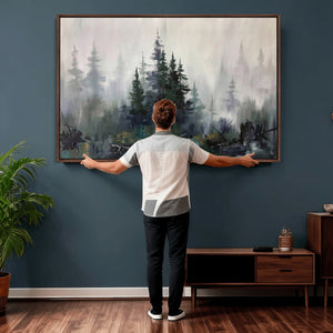 Misty Pine Forest Oil Painting Canvas — Dark Moody Teal Grey