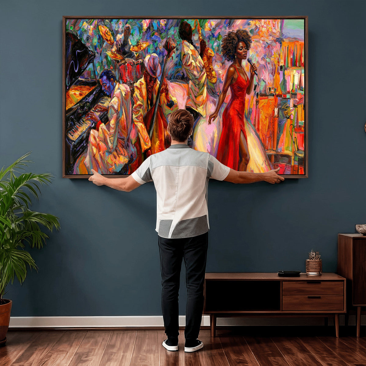 African American Jazz Singer Canvas Art — Red Dress Black