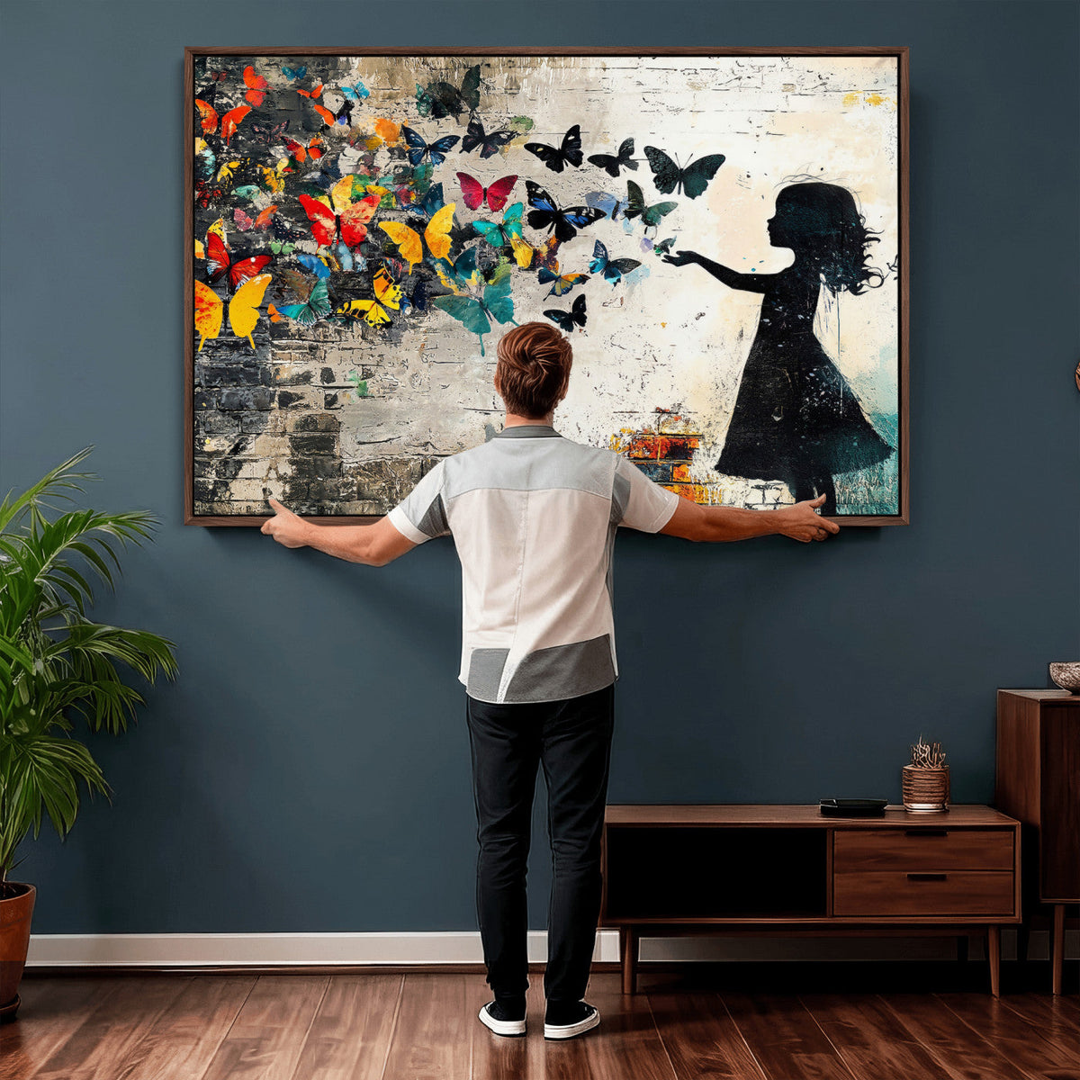 Banksy Butterfly Girl Wall Art Canvas Print, Framed Street