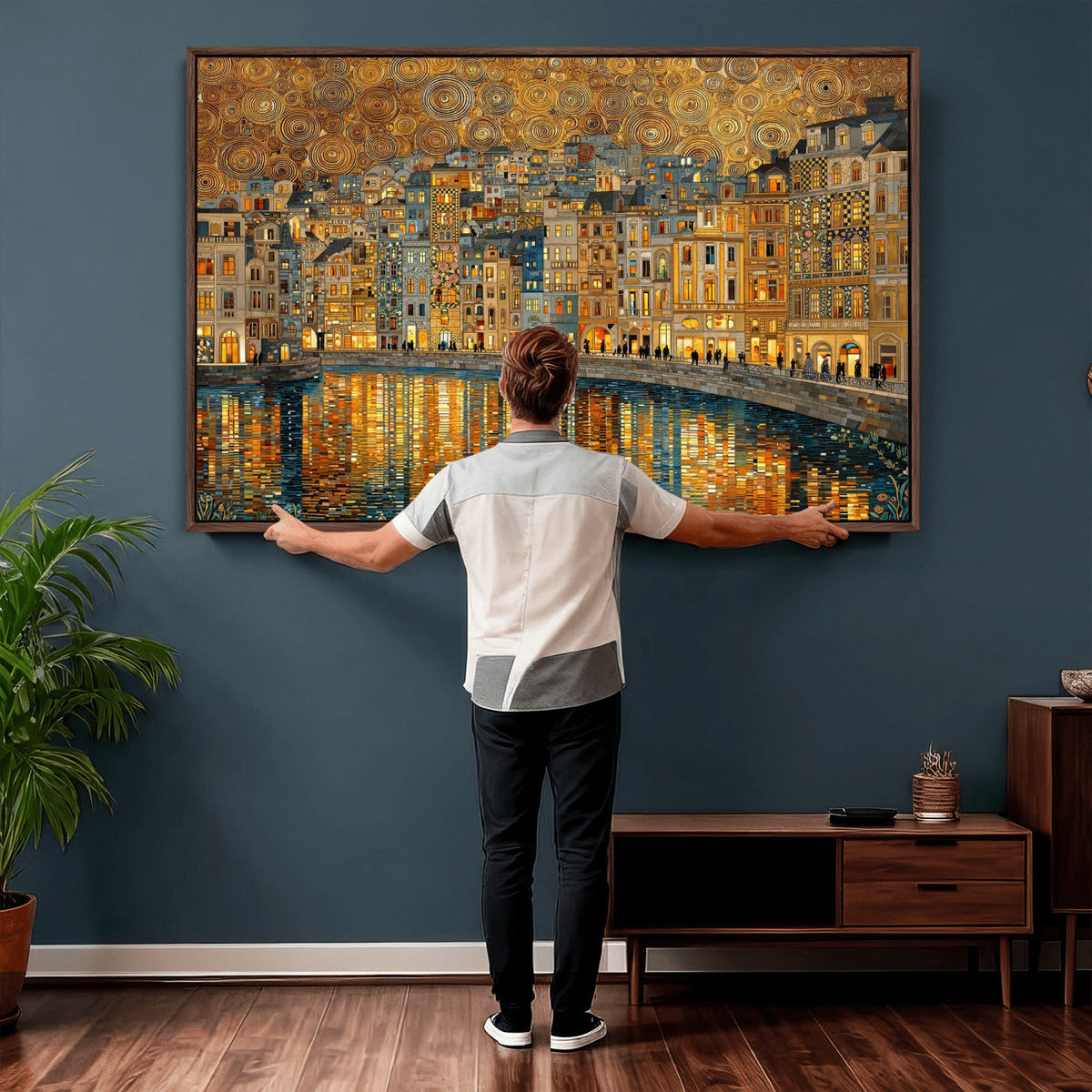 Gustav Klimt Golden Cityscape Wall Art Canvas Print, Framed