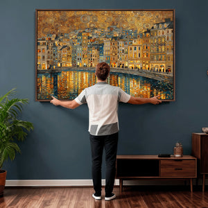 Gustav Klimt Golden Cityscape Wall Art Canvas Print, Framed