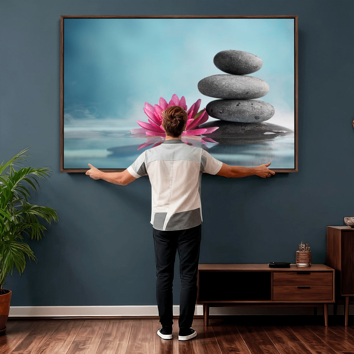 Zen Canvas Wall Art Lotus Flower Stacked Stones Teal Spa
