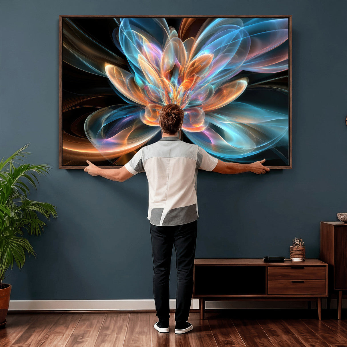 Fractal Lotus Canvas Wall Art, Blue Orange Glowing Flower Abstract Print, Modern Zen Meditation Room Decor, Ethereal Digital Art, Living Room