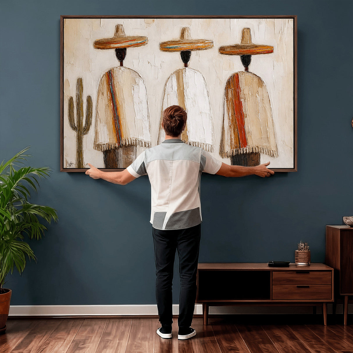 Mexican Wall Art Canvas Print, Southwestern Sombrero Poncho Painting, Neutral Earthy Boho Decor, Fiesta Living Room Art, Impasto Style Print