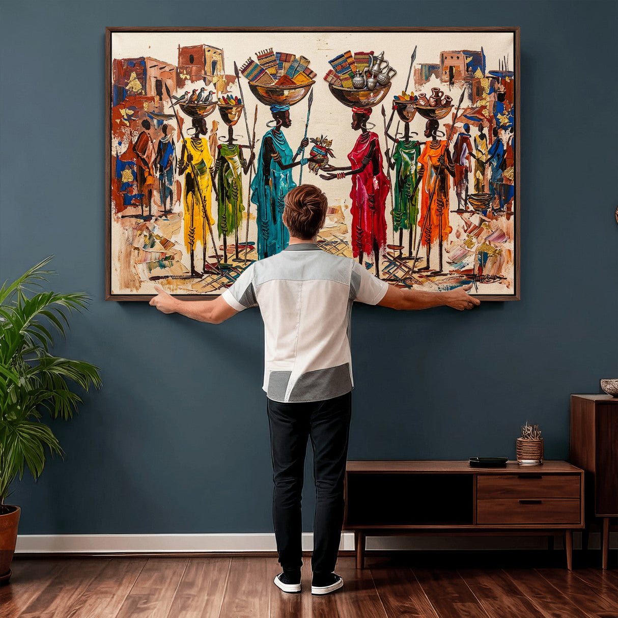 African Folk Art Canvas Wall Art, Colorful African Women Village Painting Print, Tribal Ethnic Home Decor, Vibrant African Art, Living Room