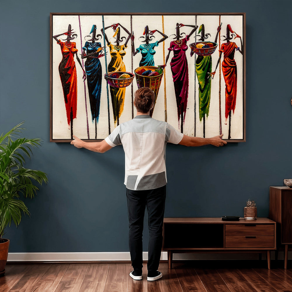 African Folk Art Canvas Wall Art, Colorful African Women Village Painting Print, Tribal Ethnic Home Decor, Vibrant African Art, Living Room