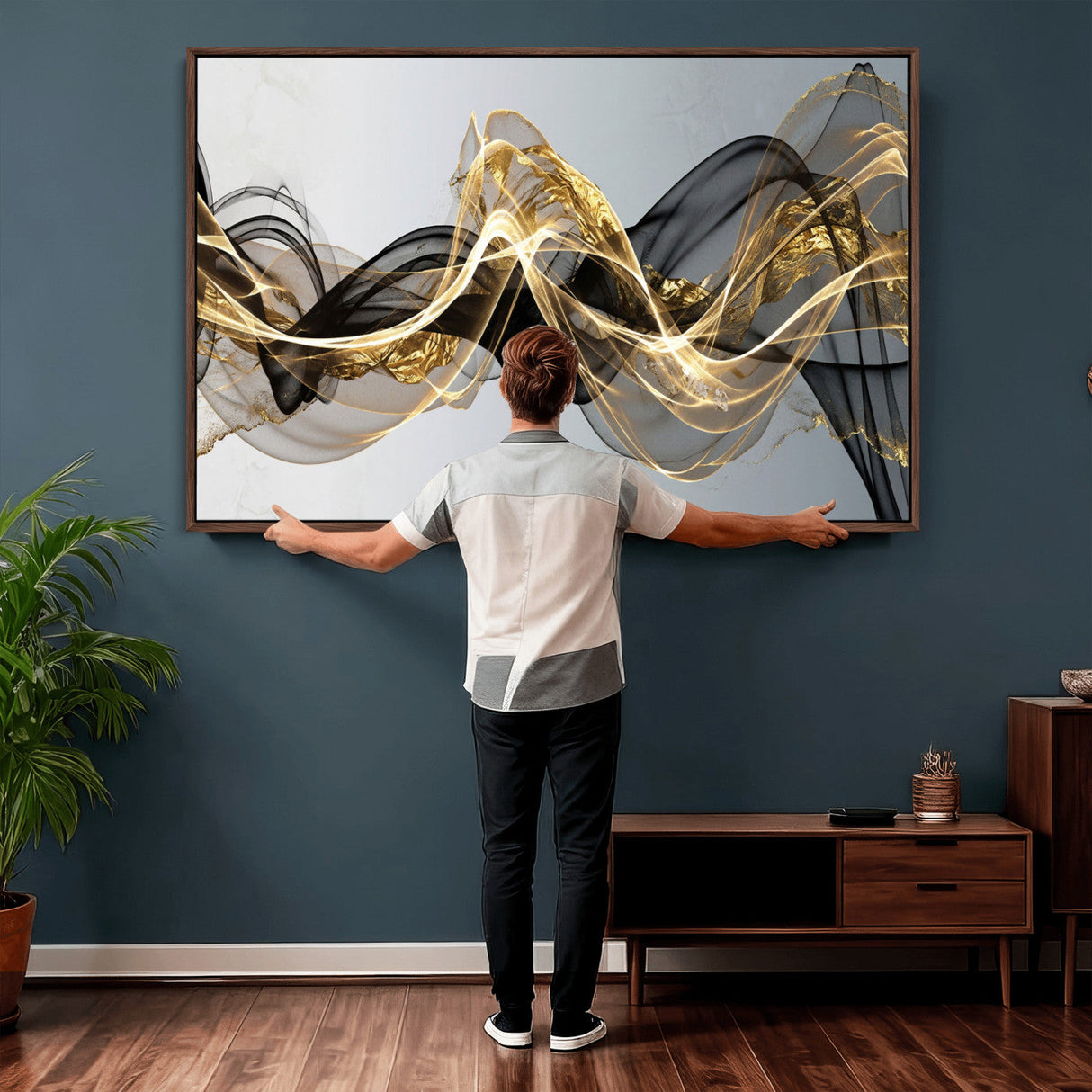 Black and Gold Abstract Wall Art, Modern Wave Canvas Print, Elegant Flowing Smoke Art, Luxury Living Room Decor