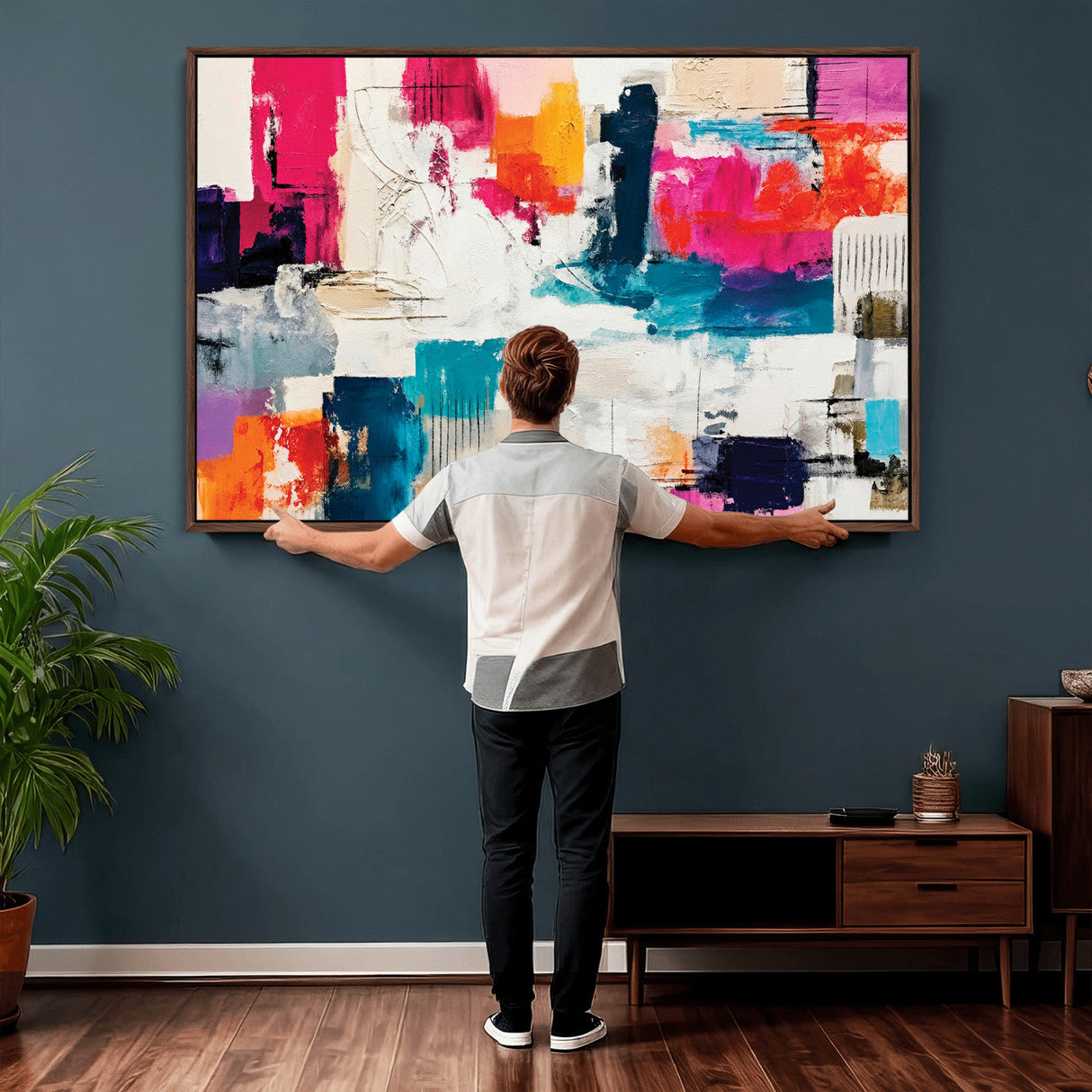 Blue Teal Abstract Canvas Wall Art, Modern Textured Painting Print, Navy Orange White Contemporary Art, Neutral Living Room Decor, Office Art