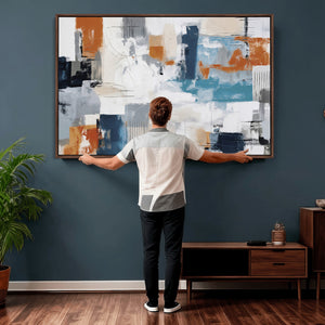 Blue Teal Abstract Canvas Wall Art, Modern Textured Painting Print, Navy Orange White Contemporary Art, Neutral Living Room Decor, Office Art
