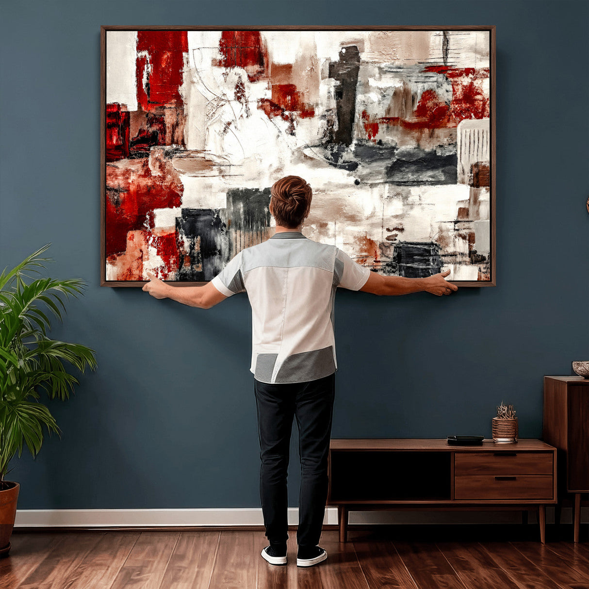 Blue Teal Abstract Canvas Wall Art, Modern Textured Painting Print, Navy Orange White Contemporary Art, Neutral Living Room Decor, Office Art