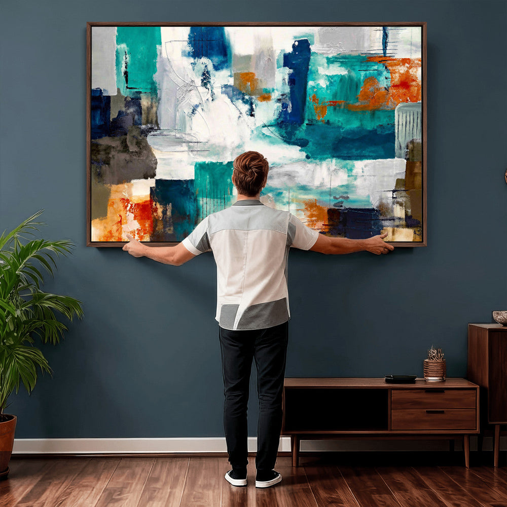 Blue Teal Abstract Canvas Wall Art, Modern Textured Painting Print, Navy Orange White Contemporary Art, Neutral Living Room Decor, Office Art