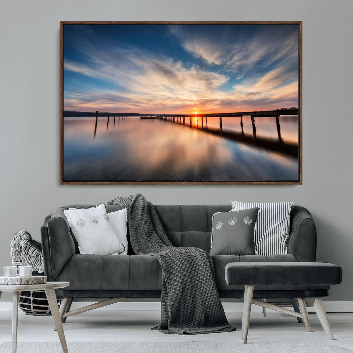 Wooden Pier on Seascape and Sunset Wall Art Canvas Print