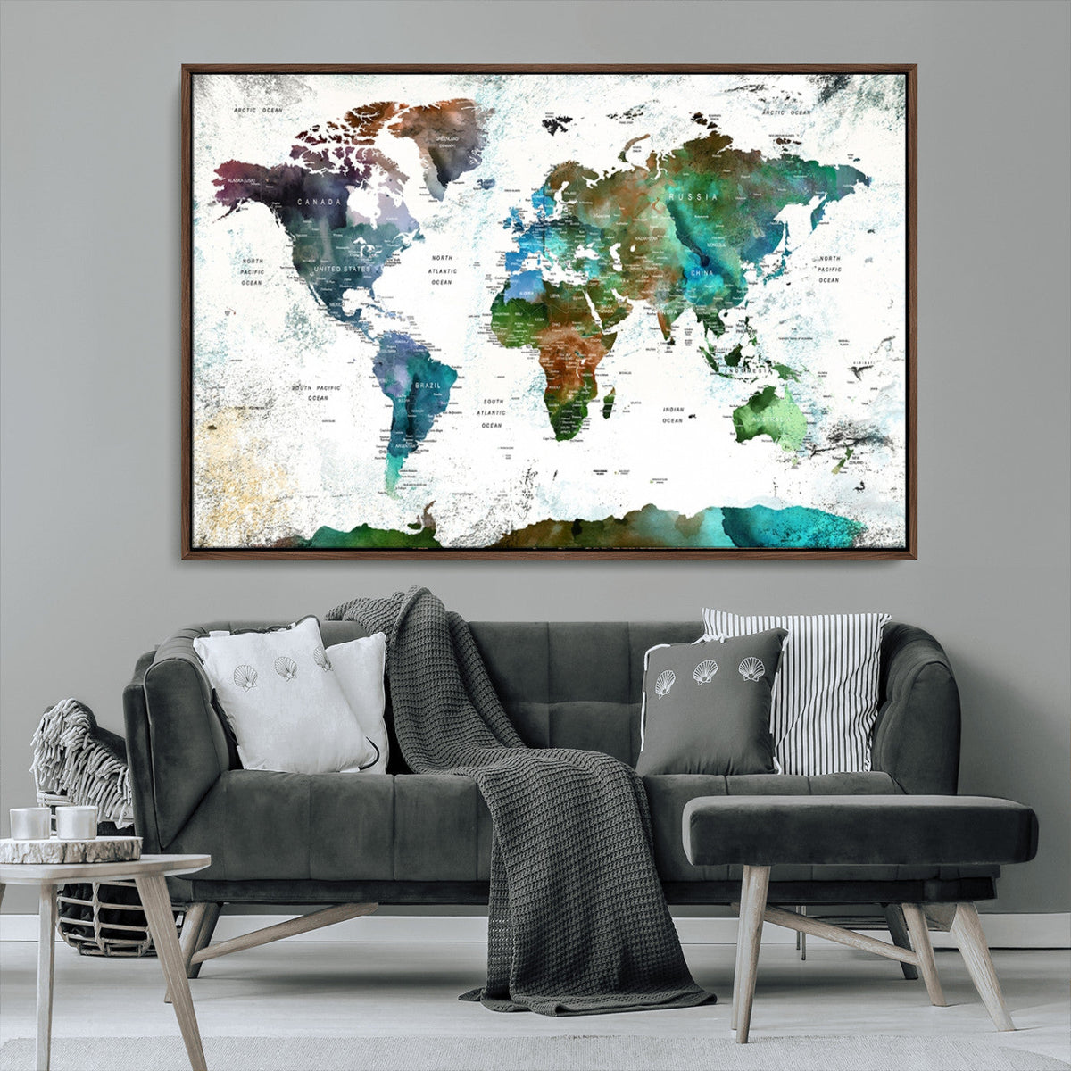 Modern Watercolor World Map Canvas Wall Art – Framed