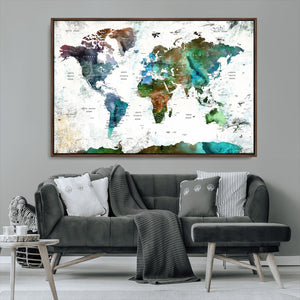 Modern Watercolor World Map Canvas Wall Art – Framed