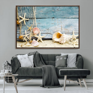 Seashells on Rustic Wooden Background, Seashells Wall Art