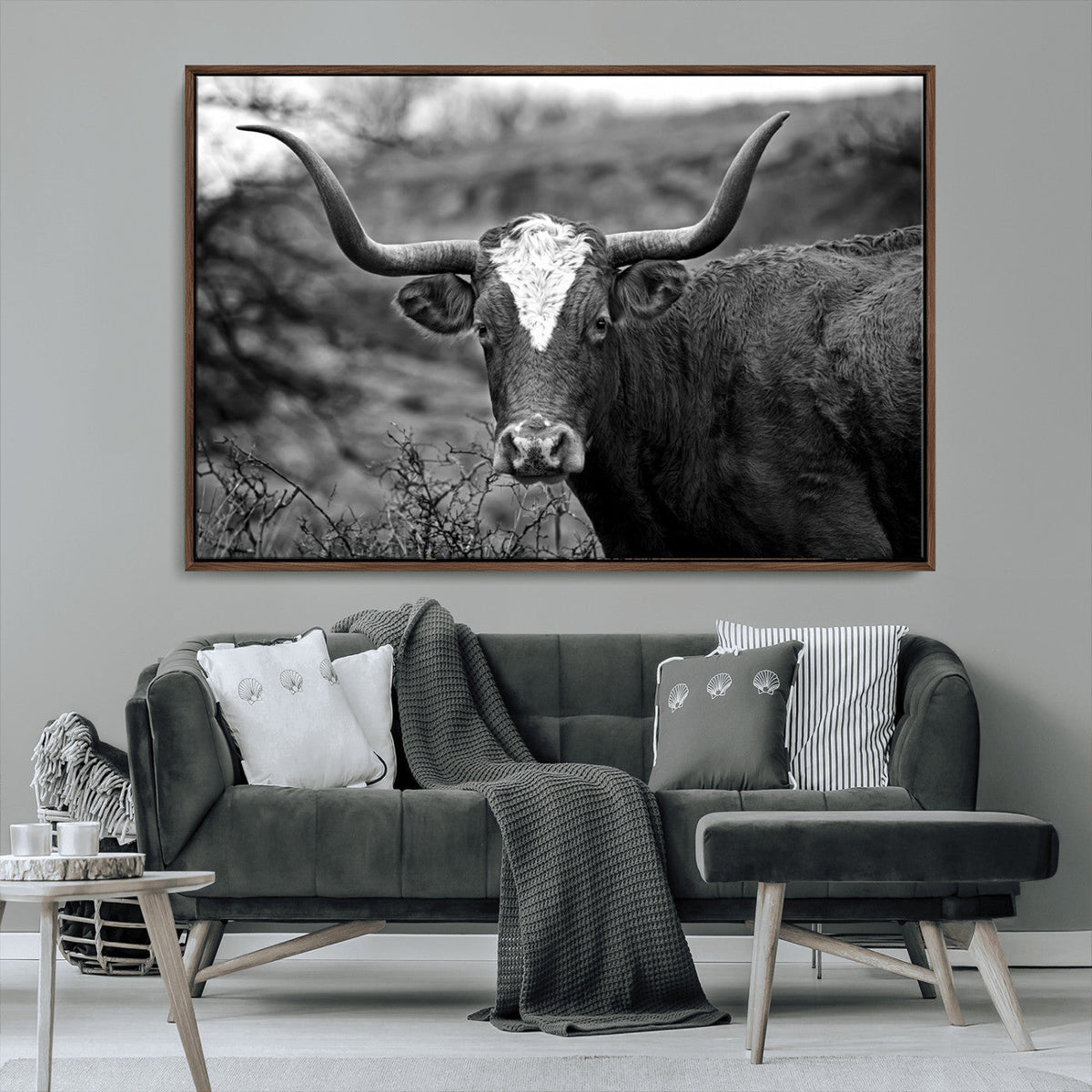 Western Home Wall Art Canvas Print, Framed Texas Longhorn