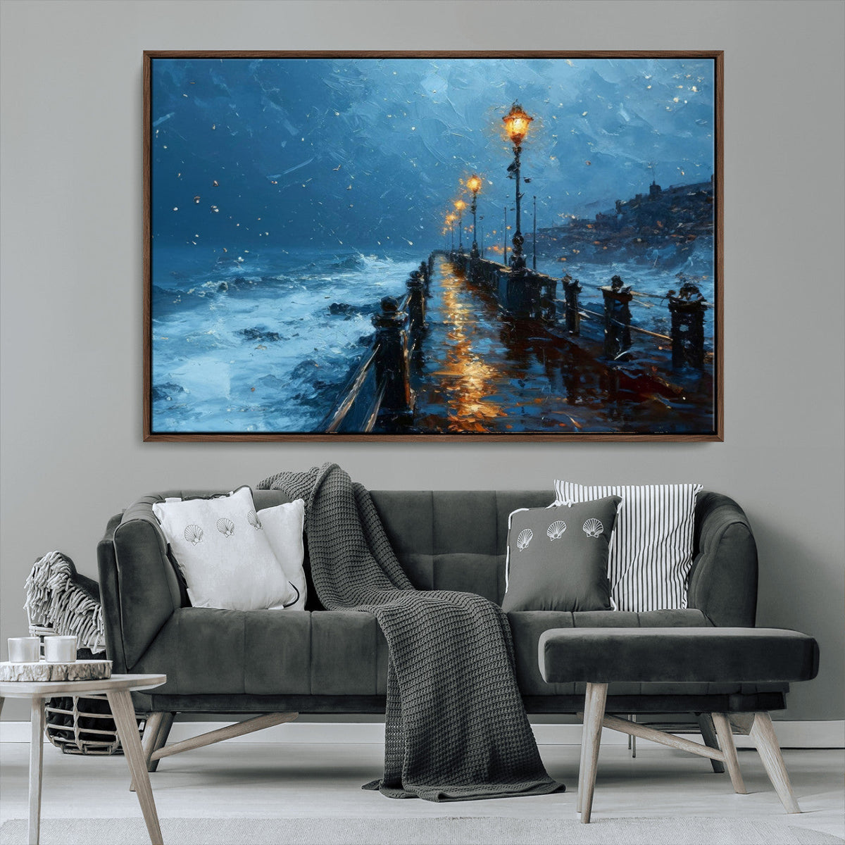 Stormy Night at Beach Pier Oil Painting Large Wall Art