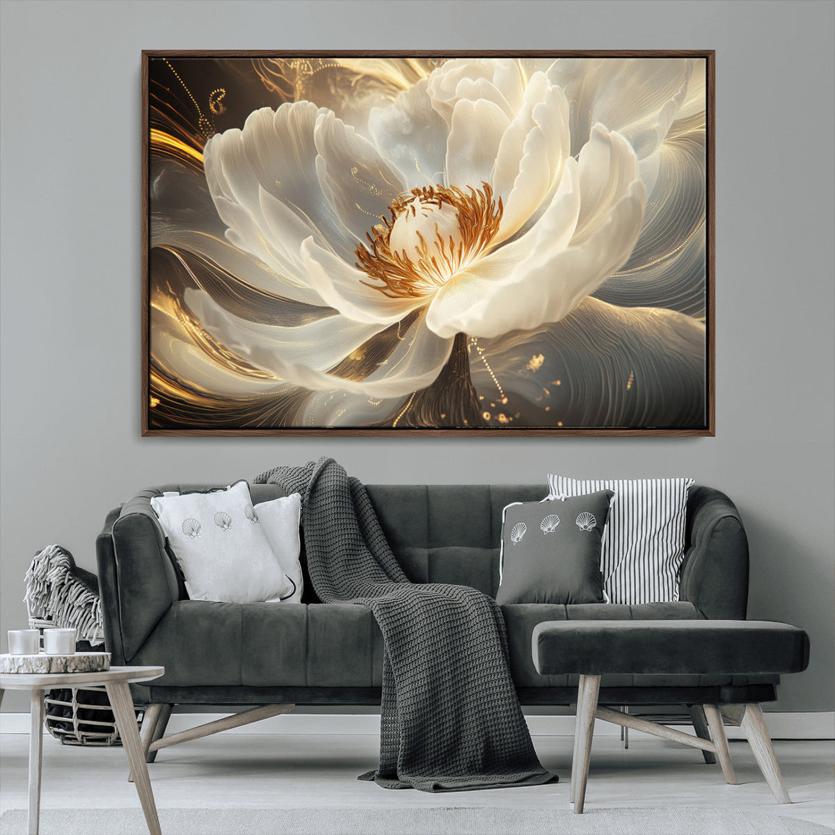 Gold Floral Wall Art Canvas Print, Framed Modern Flower Art