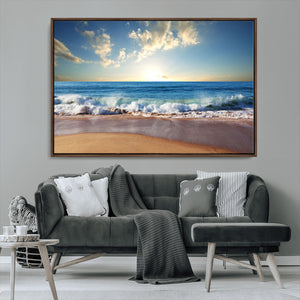 Serene Ocean Sunset Canvas Wall Art - Beach Waves at Sunset,