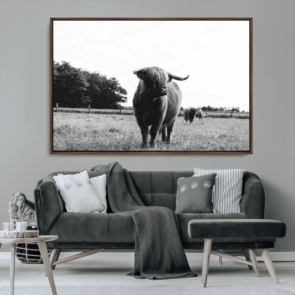 Black and White Highland Cow Wall Art Canvas Print | Rustic