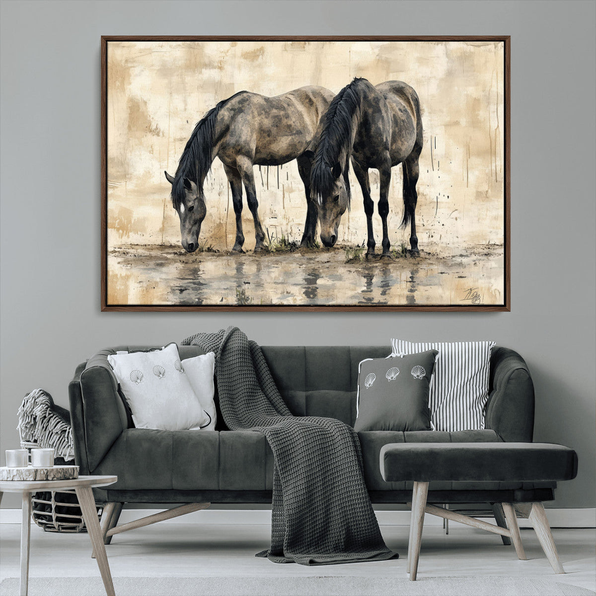 Chinese Style Abstract Black Horses Wall Art Canvas Print -