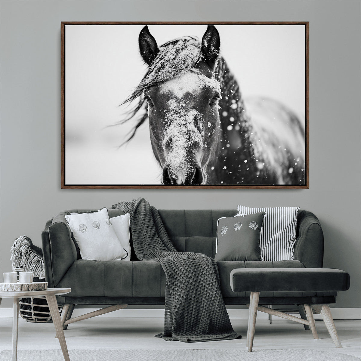 Western Wall Art | Black and White Winter Horse Wall Art |